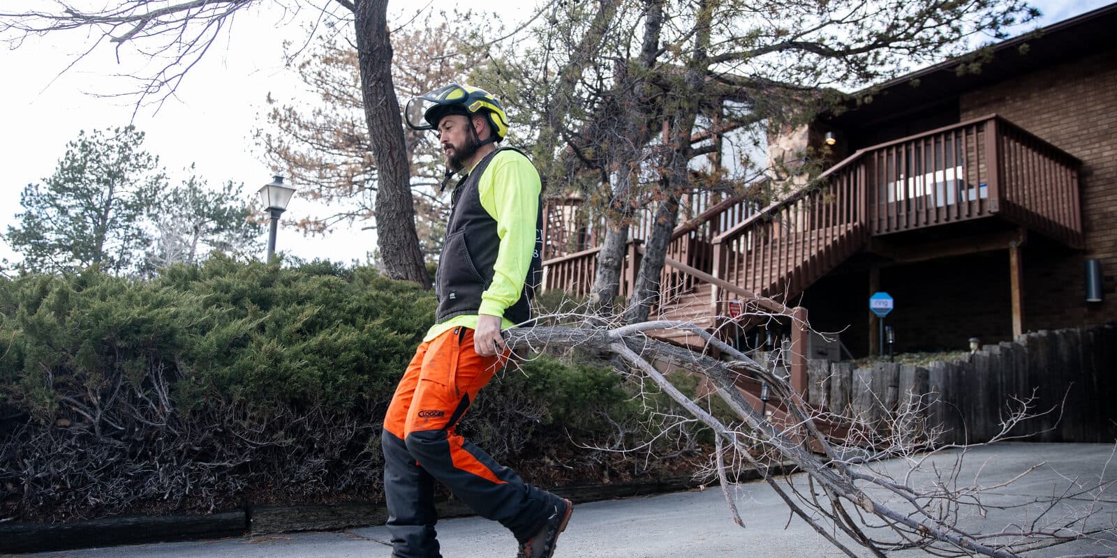 Clean Cuts Trees crew member hauling storm-downed branches out of a Utah front yard